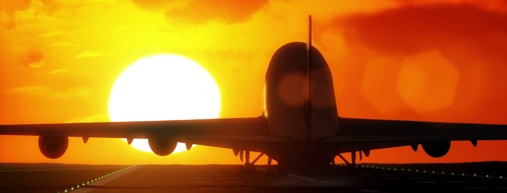airplane taking off at sunrise